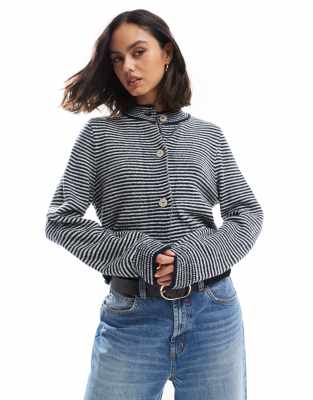 Asos Design Knitted Crop Crew Neck Cardigan In Navy And Ecru Stripe-multi
