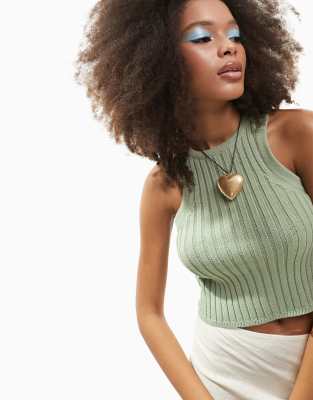 Asos Design Knitted Crop Racer Tank Top In Chunky Stitch In Khaki-green