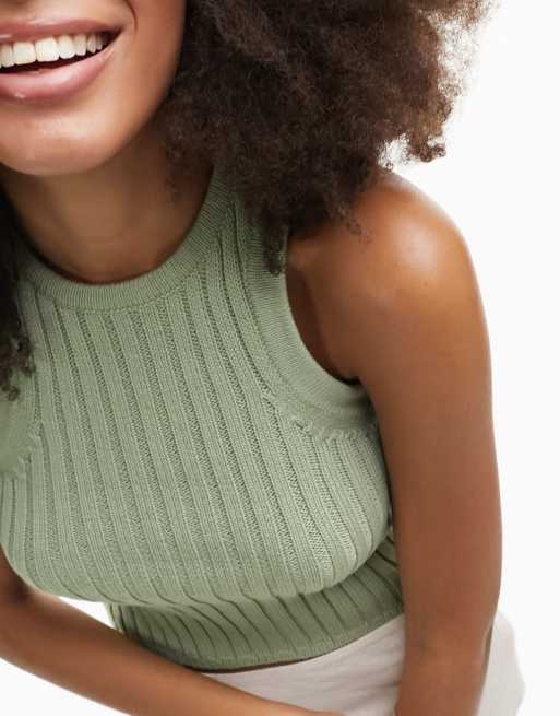 ASOS DESIGN knitted crop racer tank top in chunky stitch in khaki, 4 of 4