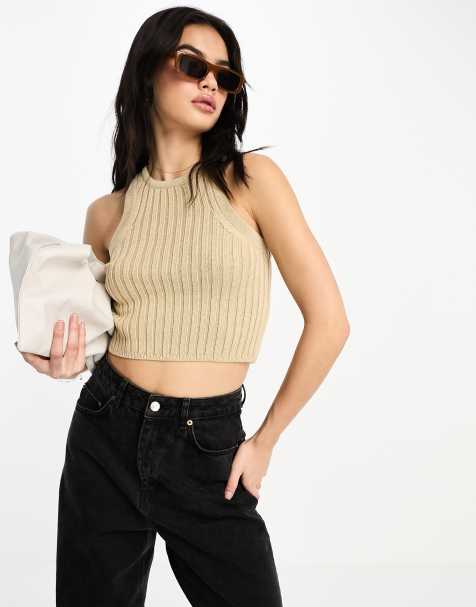 ASOS DESIGN knitted crop racer tank top in chunky stitch in stone - view 1