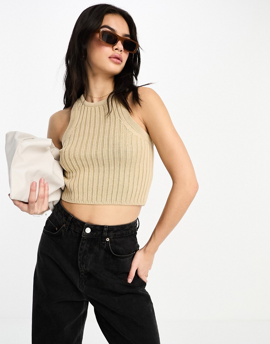 ASOS DESIGN knitted crop racer vest in chunky stitch in stone-Neutral