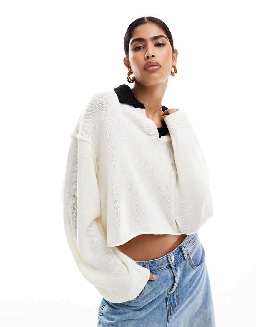 ASOS DESIGN knitted crop rugby shirt jumper in cream-White