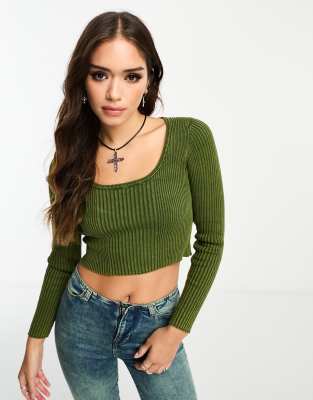 ASOS DESIGN knitted crop top in acid wash in khaki | ASOS