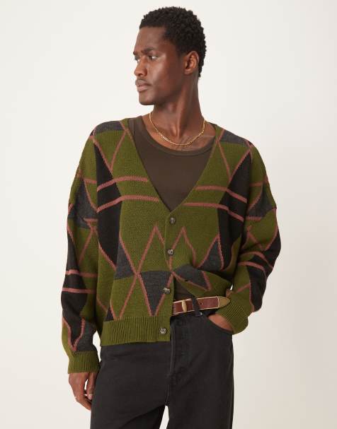 ASOS DESIGN knitted cropped argyle cardigan in grey - view 1