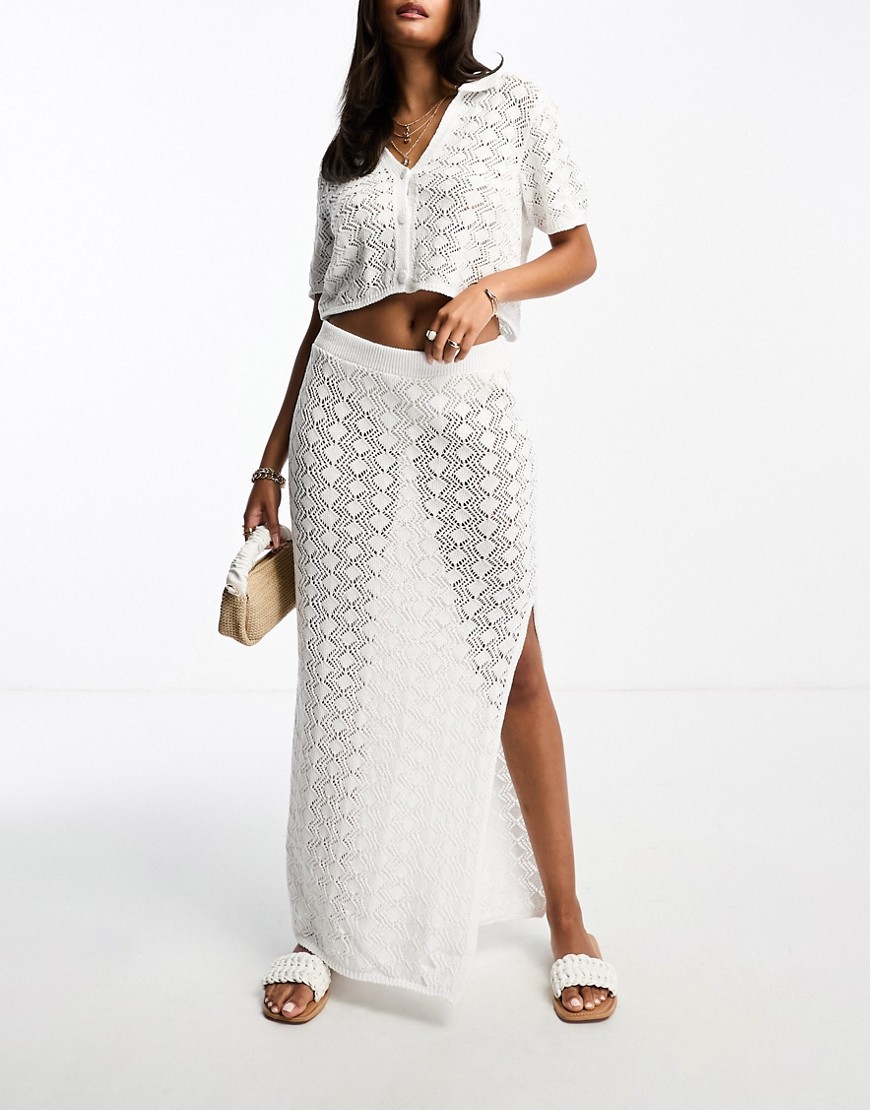 ASOS DESIGN knitted diamond stitch column maxi skirt co-ord in ivory-White
