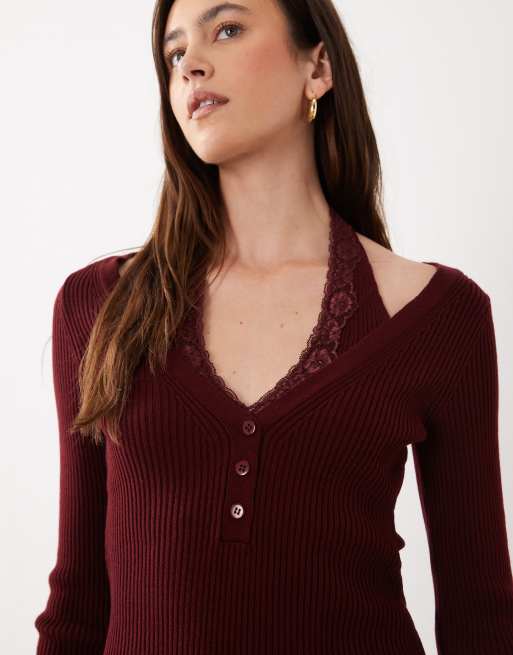 ASOS DESIGN knitted double layer mini dress with lace halter detail in burgundy, 3 of 4
