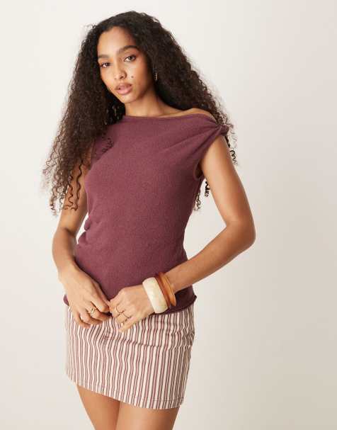 ASOS DESIGN knitted draped asymmetric slub one shoulder top in burgundy - view 1