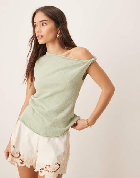 ASOS DESIGN knitted draped asymmetric slub one shoulder top in sage - view 1