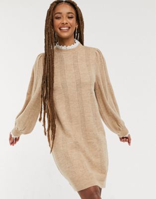 ASOS DESIGN knitted dress with lace detail in oatmeal