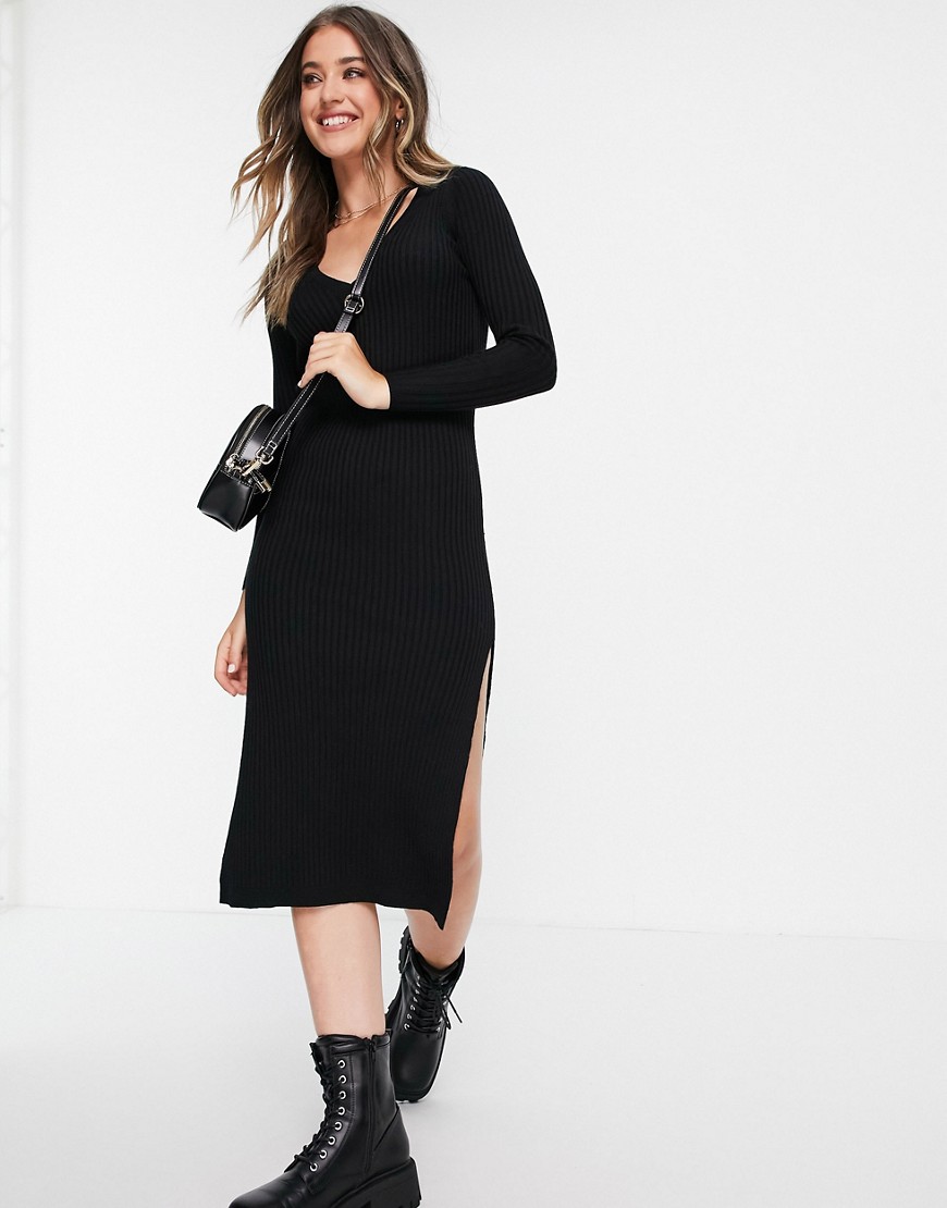 ASOS DESIGN knitted dress with v neck in rib in black