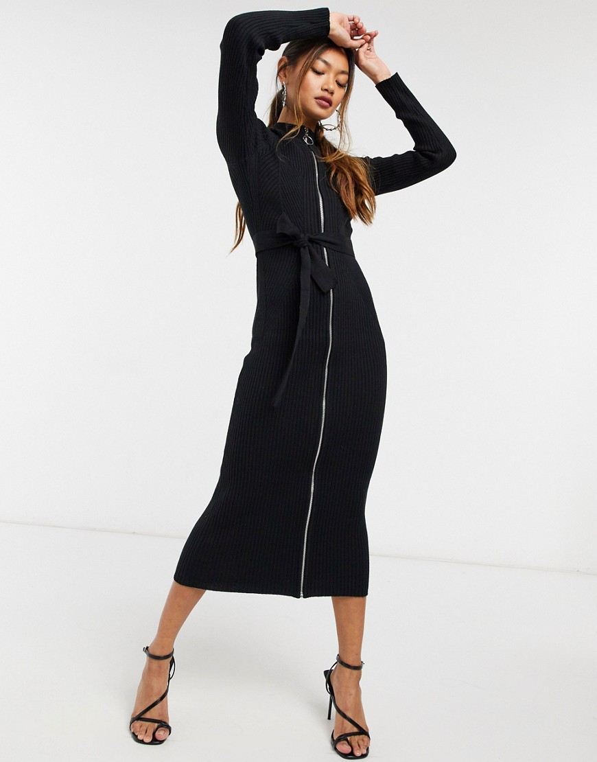 ASOS DESIGN knitted dress with zip-through detail in black