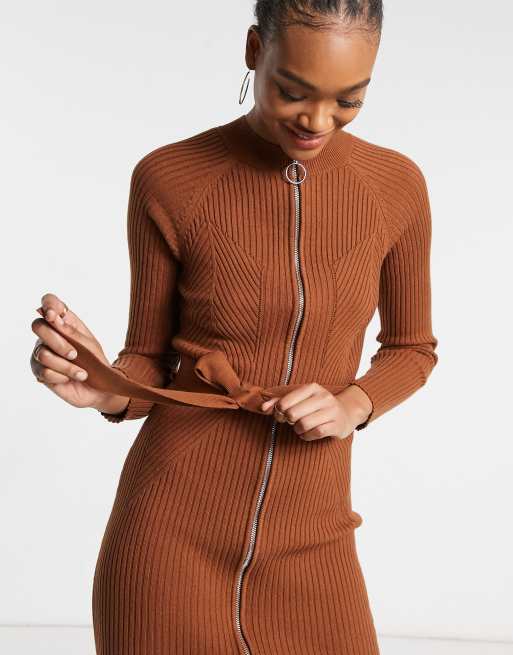 即納 最大半額 エイソス Asos Design レディース ワンピース ワンピース ドレス Knitted Dress With Zip Through Detail In Brown ブラウン 特別価格 Farmerscentre Com Ng