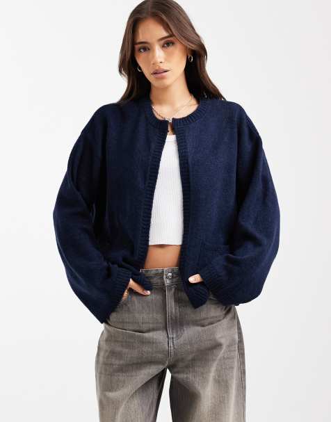 ASOS DESIGN knitted edge to edge cardigan with patch pockets in navy - view 1