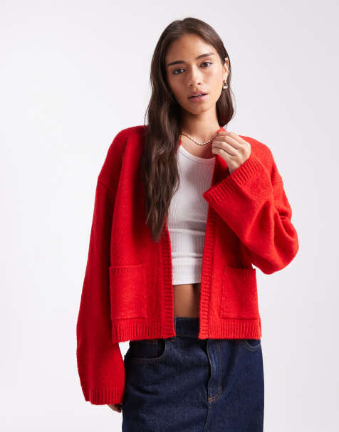 ASOS DESIGN knitted edge to edge cardigan with patch pockets in red - view 1
