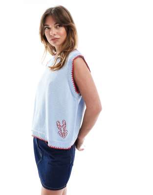 ASOS DESIGN knitted embroidered lobster tank top in light blue
