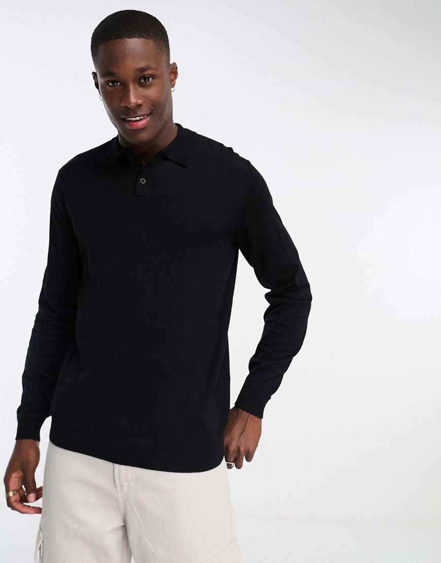 ASOS DESIGN knitted essential polo jumper in black