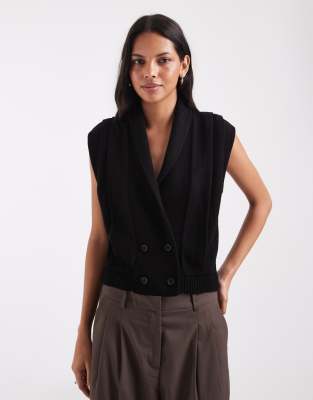 Asos Design Knitted Exaggerated Shoulder Tank With Button Fastening In Black