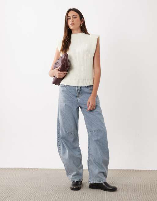 ASOS DESIGN knitted exaggerated shoulder top in cream, 2 of 4