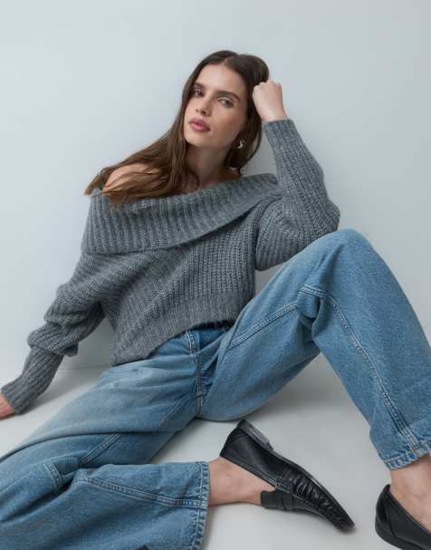 ASOS DESIGN knitted extreme drape sweater in gray heather - view 1