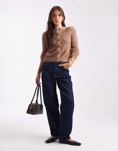 ASOS DESIGN knitted extreme eyelash neat fit cardigan in mocha - view 1