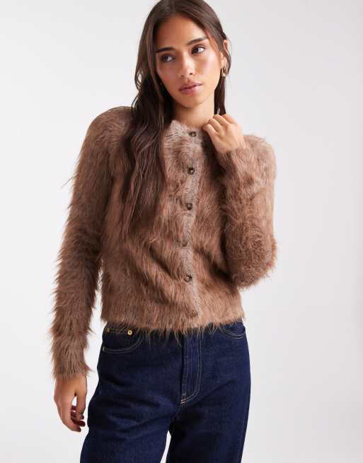 ASOS DESIGN knitted extreme eyelash neat fit cardigan in taupe