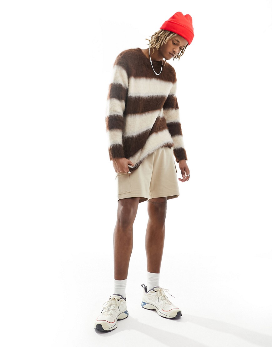 ASOS DESIGN knitted extreme fluffy jumper in brown stripe