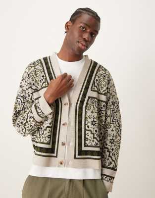 ASOS DESIGN knitted extreme oversized cardigan with pattern in off white-Multi