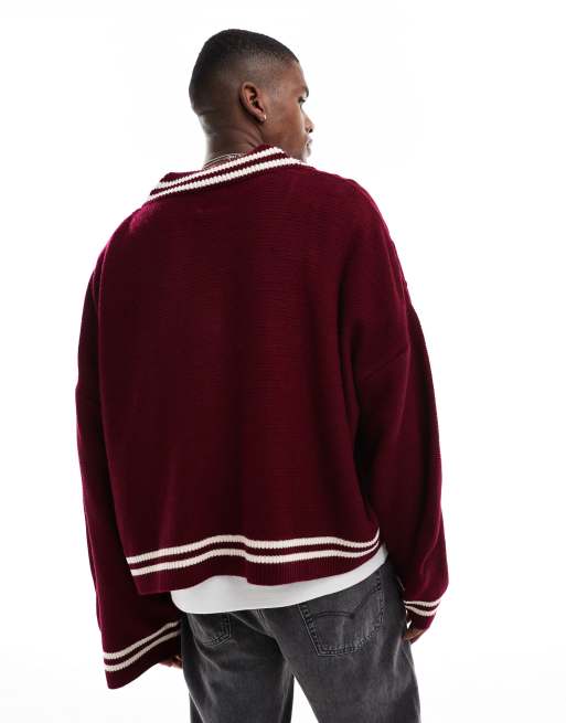 ASOS DESIGN knitted extreme oversized cropped v neck jumper in burgundy with tipping, 4 of 4
