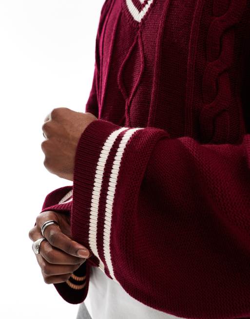 ASOS DESIGN knitted extreme oversized cropped v neck sweater in burgundy with tipping, 3 of 4