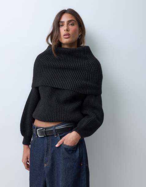 ASOS DESIGN knitted extreme slouchy hood jumper in black - view 1