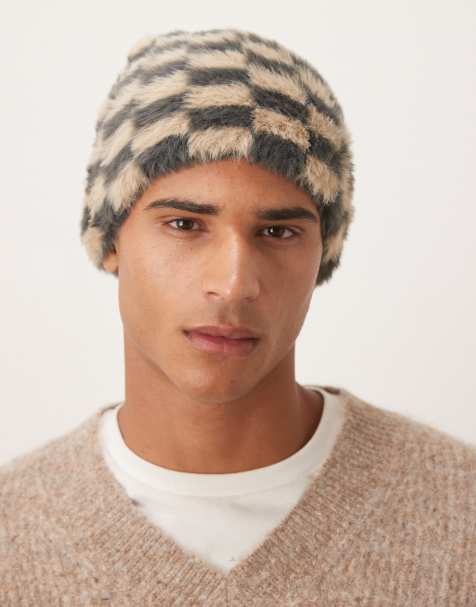 ASOS DESIGN knitted eyelash checkerboard skull beanie in neutral - view 1