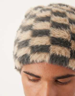 Asos Design Knitted Eyelash Checkerboard Skull Beanie In Gray