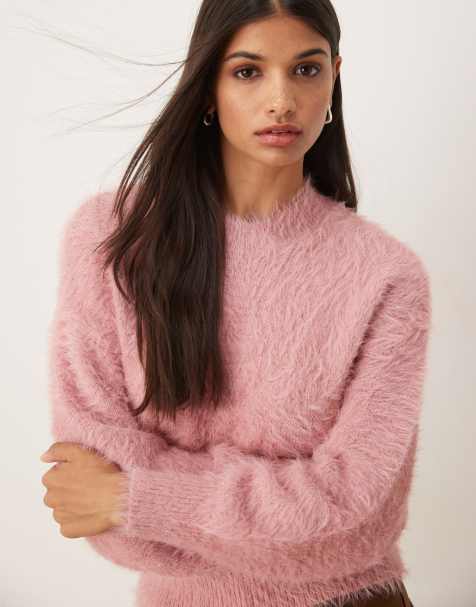 ASOS DESIGN knitted eyelash waisted crew neck jumper in pink - view 1