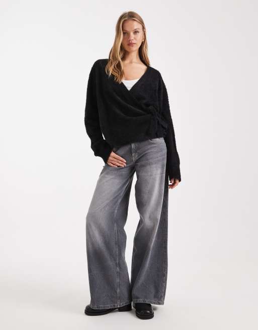 ASOS DESIGN knit eyelash wrap cardigan in black