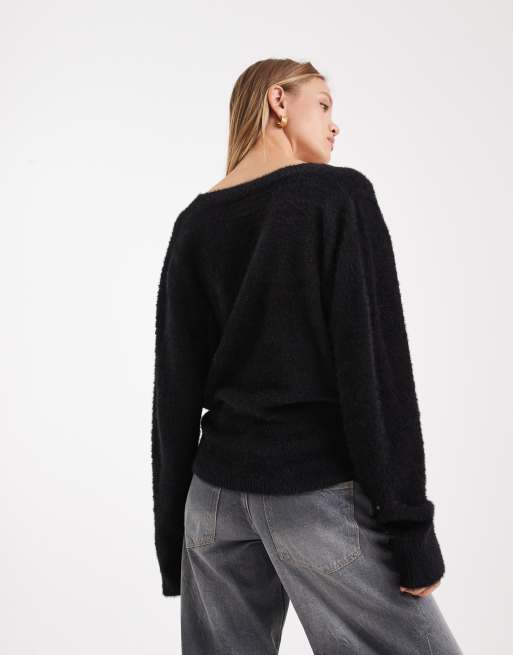 ASOS DESIGN knit eyelash wrap cardigan in black