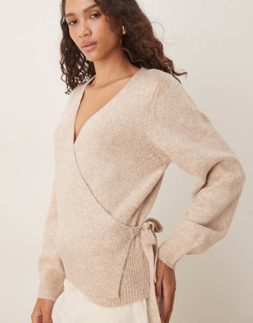 ASOS DESIGN knitted eyelash wrap cardigan in oatmeal - BEIGE