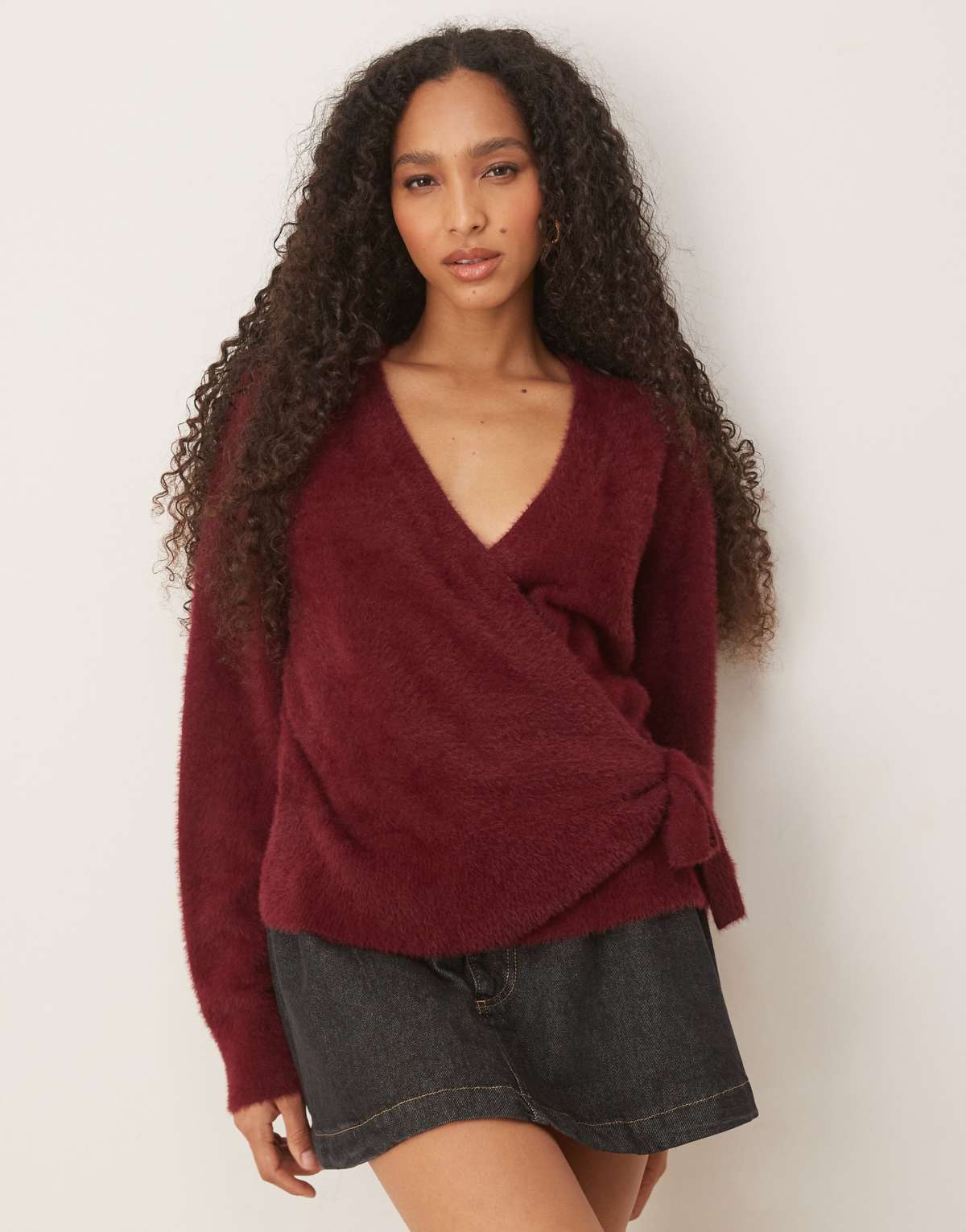 ASOS DESIGN knitted eyelash wrap cardigan in plum