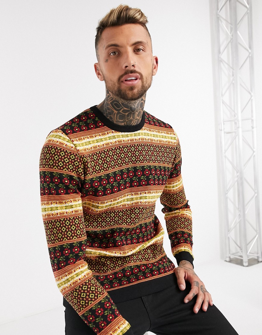 Asos Design Knitted Fairisle Sweater In Auburn Design-brown