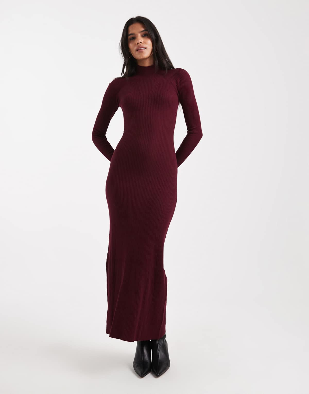 ASOS DESIGN knitted fine gauge maxi dress with rib detail in burgundy