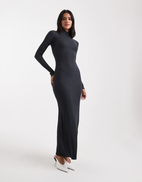 ASOS DESIGN knitted fine gauge maxi dress with rib detail in charcoal - view 1
