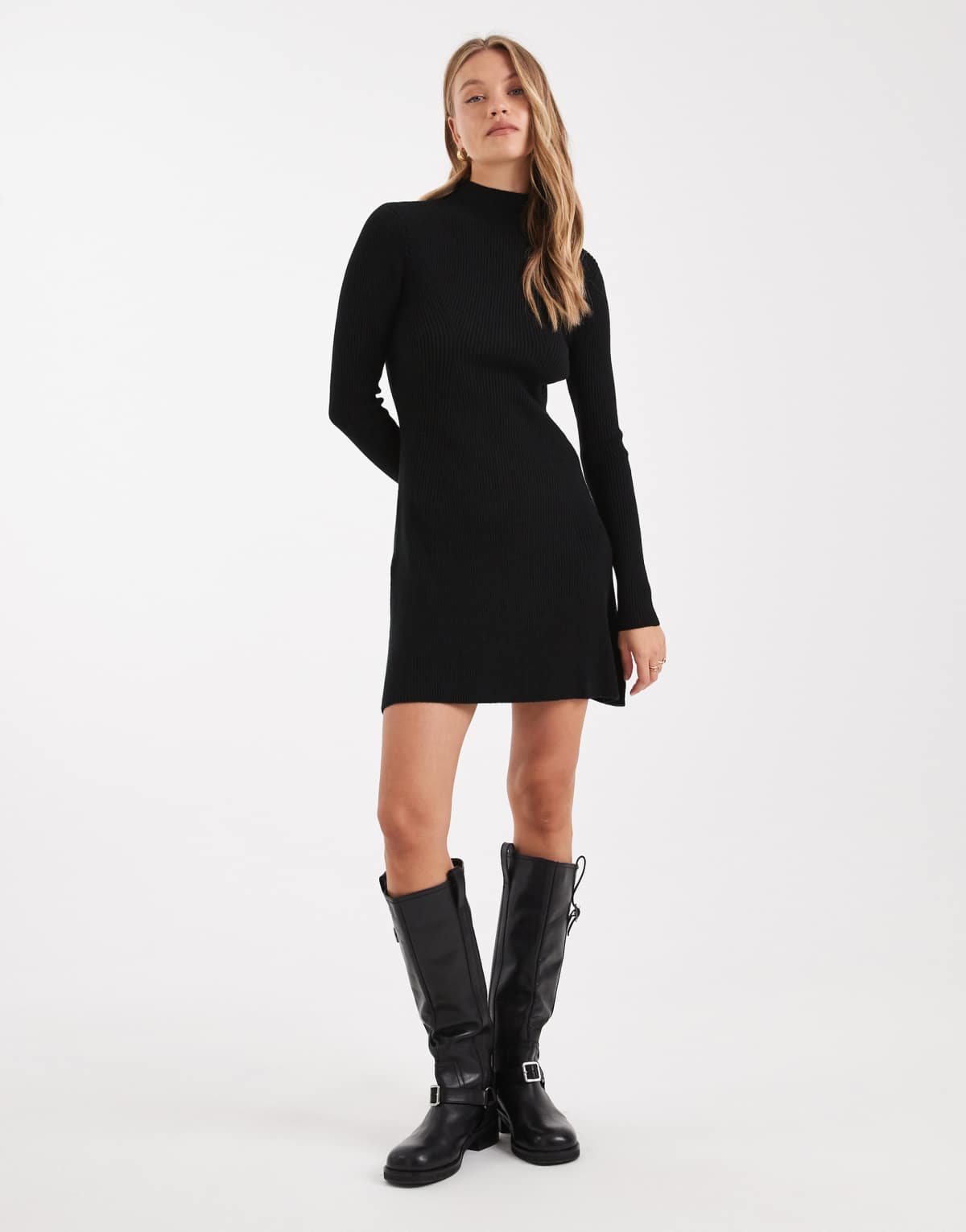 ASOS DESIGN knitted fine gauge mini dress with rib detail in black
