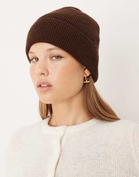 ASOS DESIGN knitted fine gauge wool beanie in chocolate - view 1