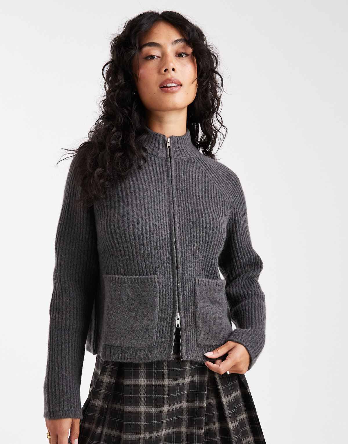ASOS DESIGN knitted fisherman rib bomber jacket with pocket detail in charcoal