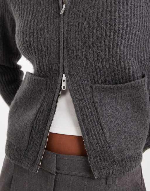 ASOS DESIGN knitted fisherman rib bomber jacket with pocket detail in charcoal, 2 of 4