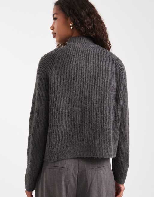 ASOS DESIGN knitted fisherman rib bomber jacket with pocket detail in charcoal, 4 of 4