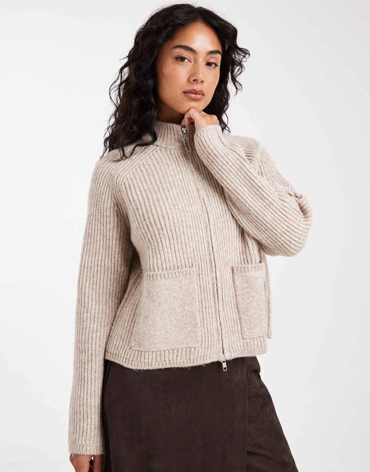 ASOS DESIGN knitted fisherman rib bomber jacket with pocket detail in oatmeal