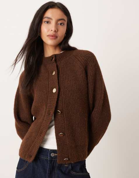 ASOS DESIGN knitted fisherman rib cardigan with raglan detail in chocolate - view 1