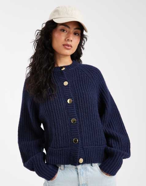 ASOS DESIGN knitted fisherman rib cardigan with raglan detail in navy - view 1