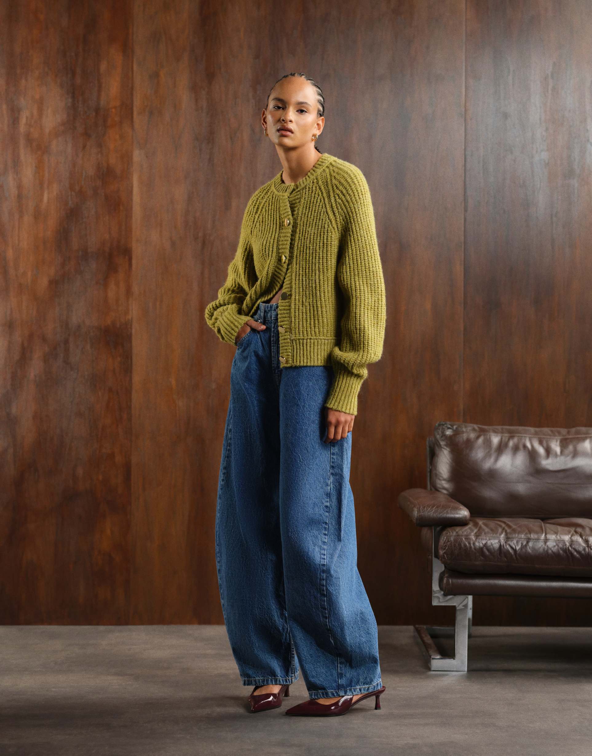 asos design knitted fisherman rib cardigan with raglan detail in olive