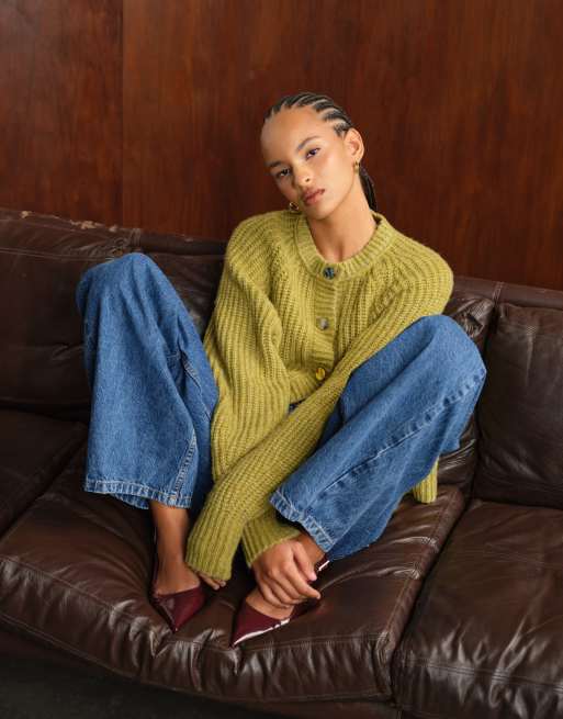 ASOS DESIGN knitted fisherman rib cardigan with raglan detail in olive